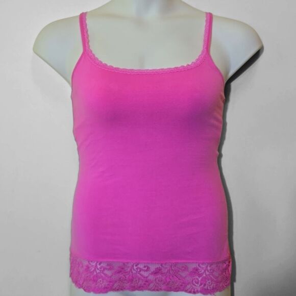 Express Y2K Lace Trim Tank Top Size Medium Pink Shelf Bra Barbie Coquette Girlie - Picture 1 of 16
